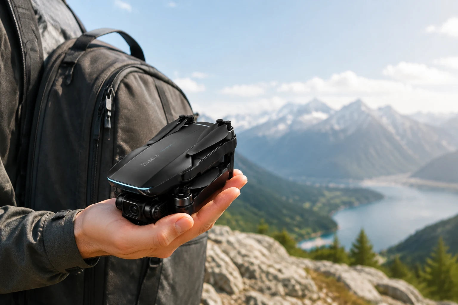 Zusammengefaltete rdcbhm Drohne auf einer Hand neben einem Rucksack